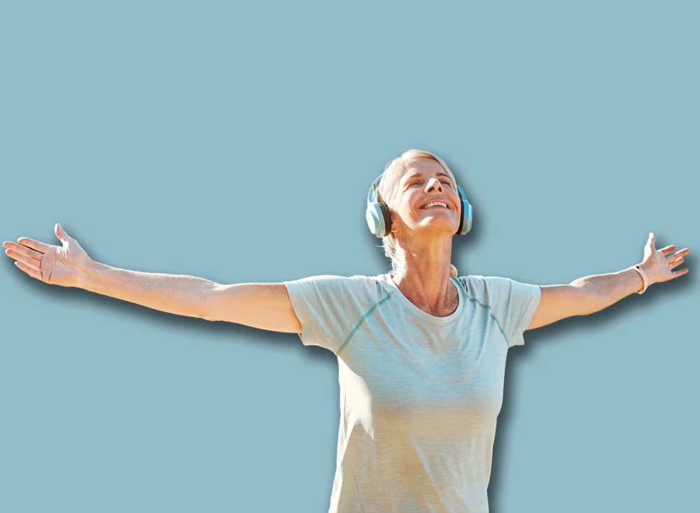 Woman,,Headphones,Or,Freedom,On,Mountain,Outdoor,For,Fitness,Achievement,