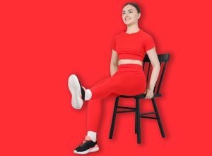 Beautiful,Woman,Stretching,On,Chair,At,Home,,Space,For,Text