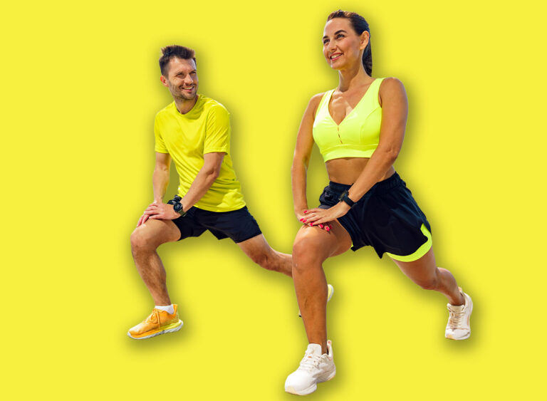 Couple,Performs,Lunges,On,A,Sunny,Waterfront,Promenade,During,Morning