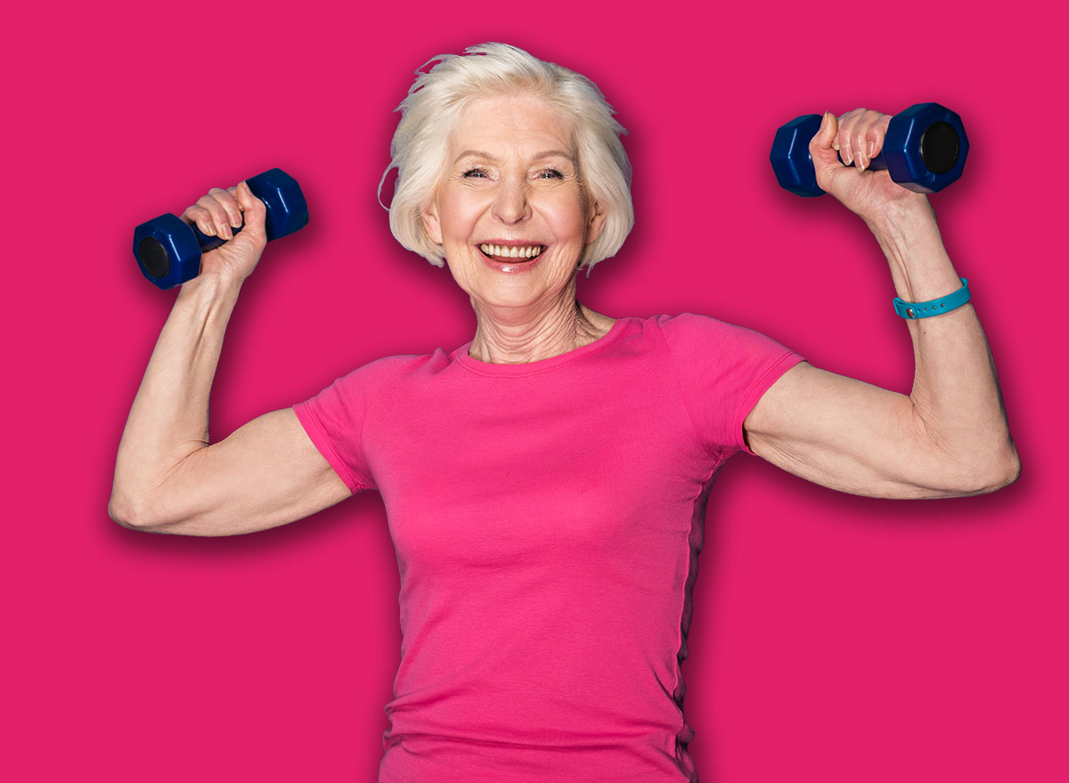 Senior,Fitness,Woman,Training,With,Dumbbells,Isolated,On,Blue