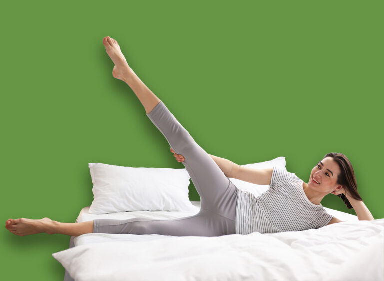 Young,Woman,Exercising,On,Bed,At,Home.,Morning,Routine