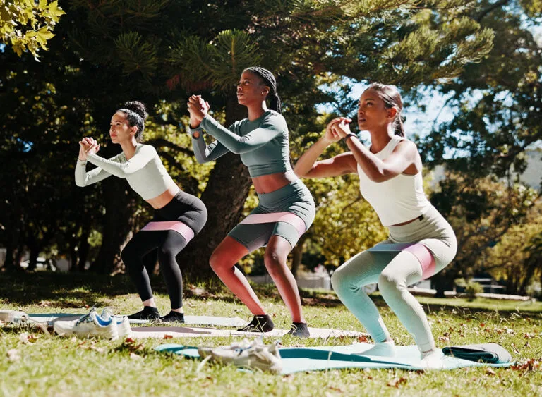 Women,,Squat,Or,Yoga,Class,With,Pilates,In,Nature,For