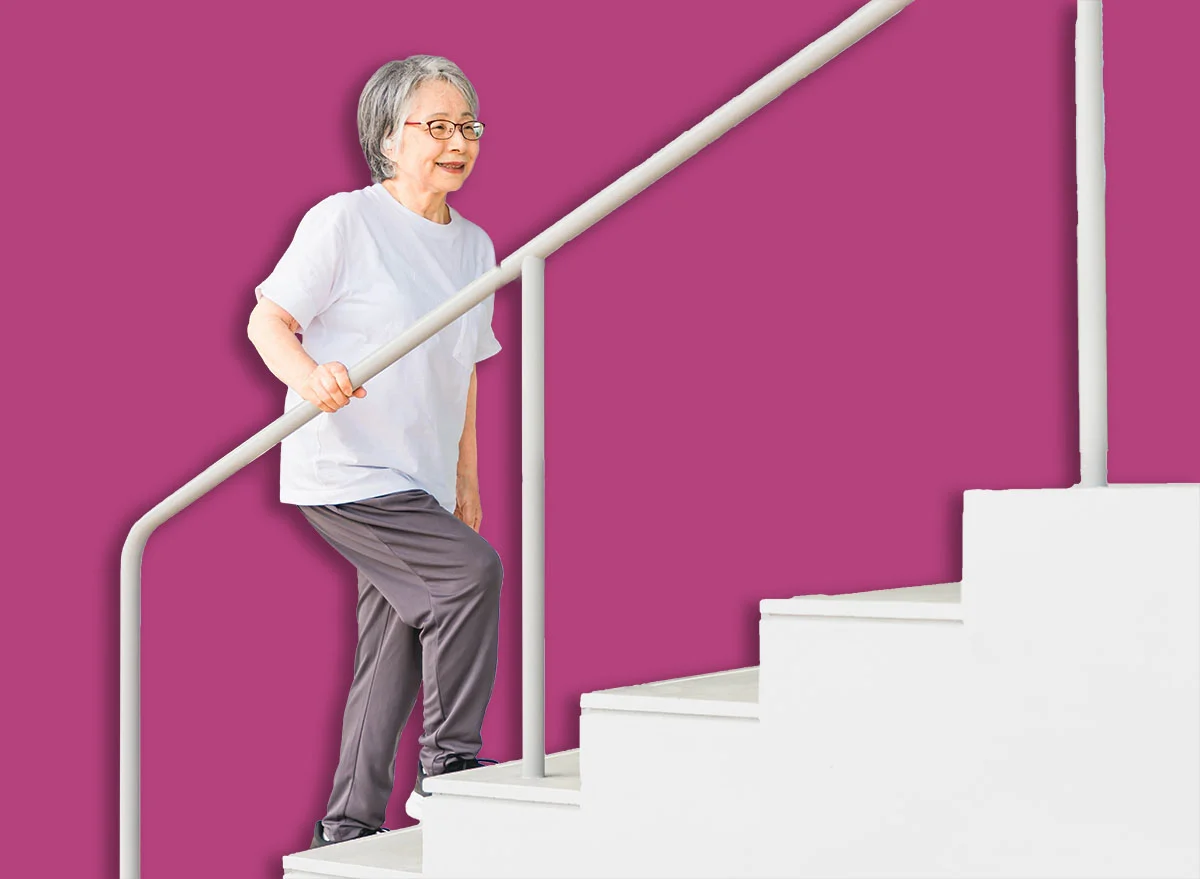 Elderly,Woman,Using,Stairs,For,Rehabilitation,(locomotive,Syndrome,,Frailty,,Sarcopenia,
